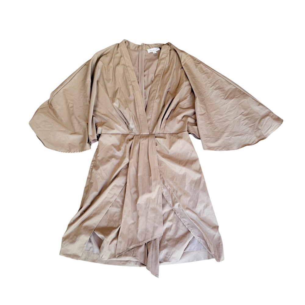 MABLE Tan Kimono Sleeve Mini Dress Deep V-Neck Front‎ Tie Taupe Size Large